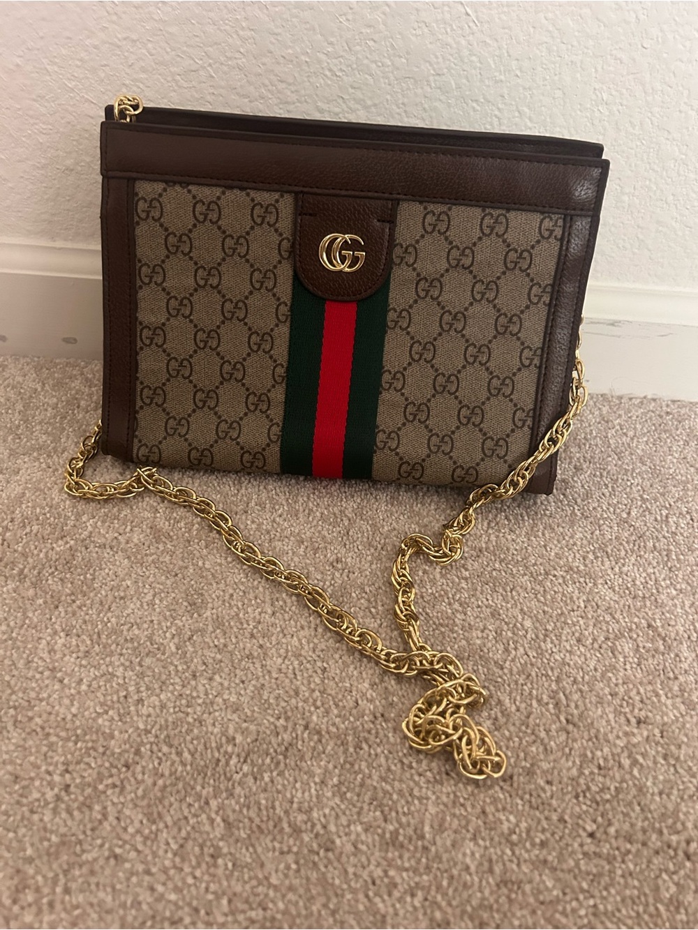 Gucci Brown GG Supreme Web Small Shoulder Bag - Brown/Green/Red